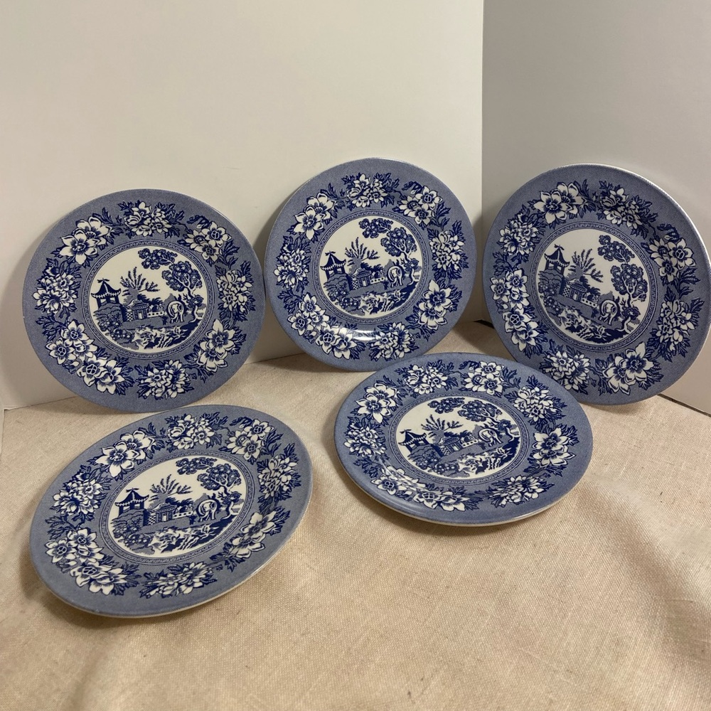 Vintage Mallo Ware small plate set Mallory Plastics 5 Blue Japanese Garden print